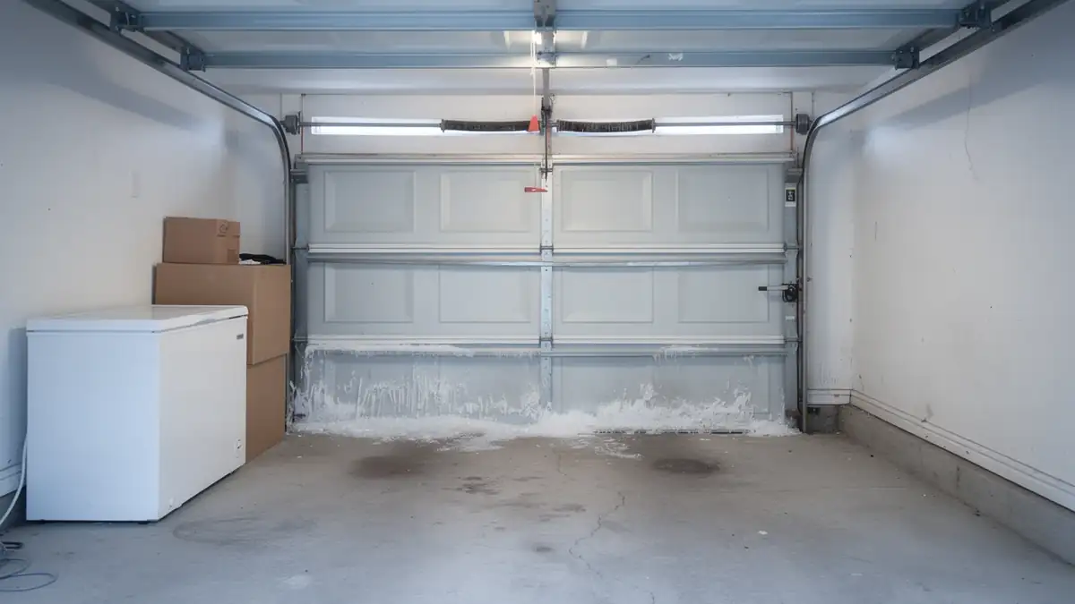 The garage door is closed, with a torsion spring and opener visible above.