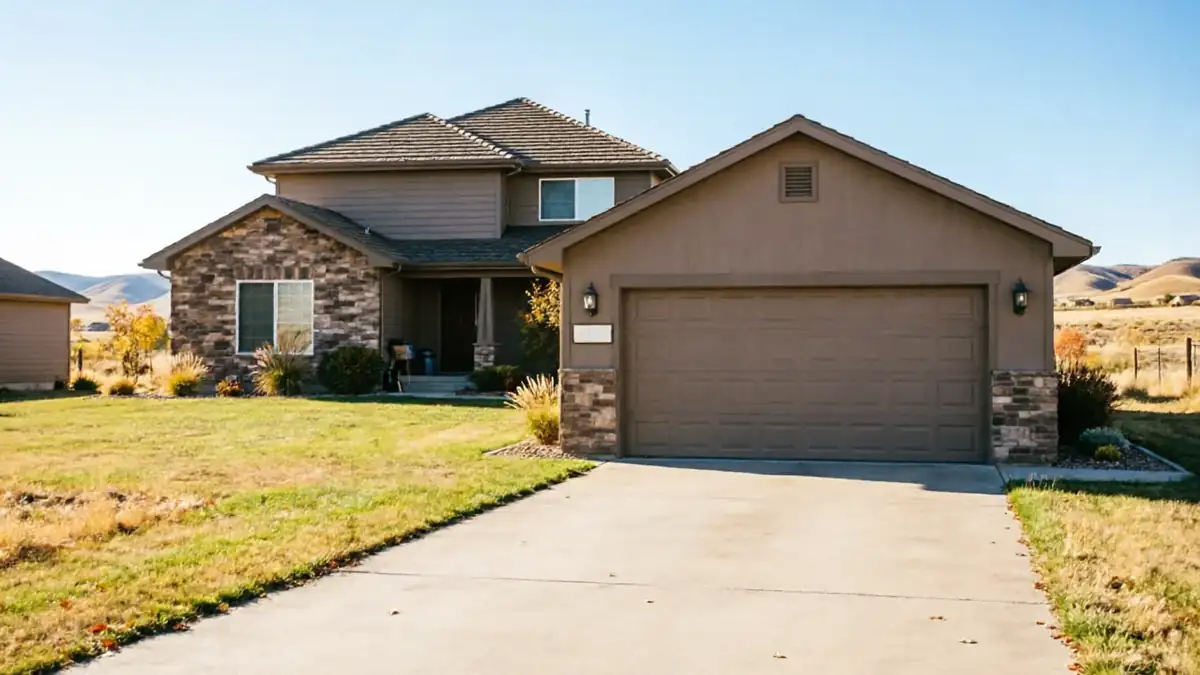 A brown house with a two-car garage and a concrete driveway on a sunny day.