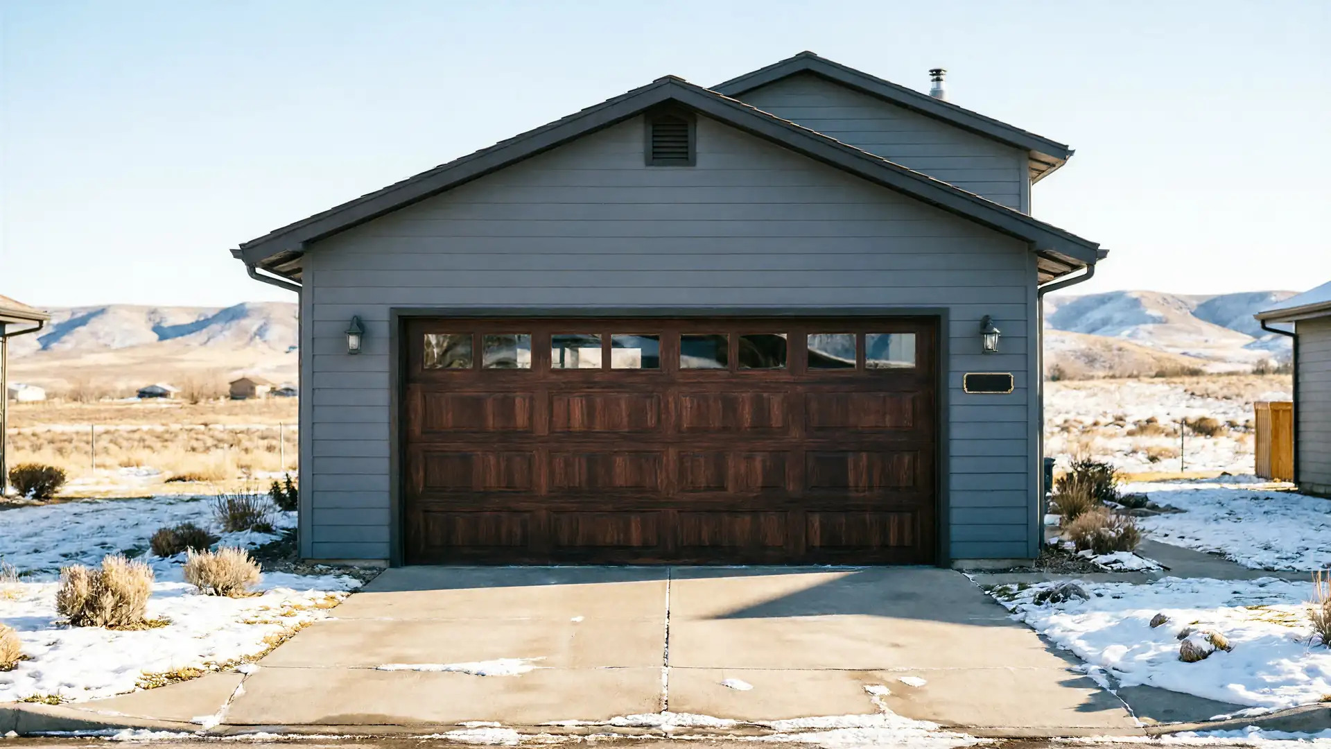 The house has a dark wood garage door with windows and light blue siding.