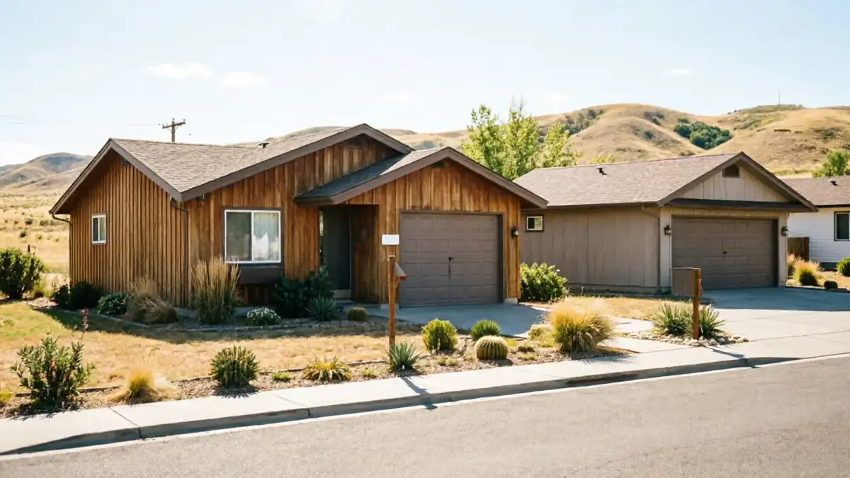 A brown garage door is on a wood-sided house with a brown roof.