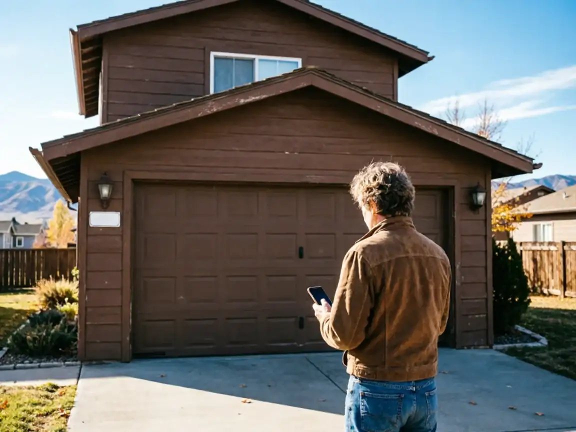 A person stands in a driveway, looking at a brown garage door.