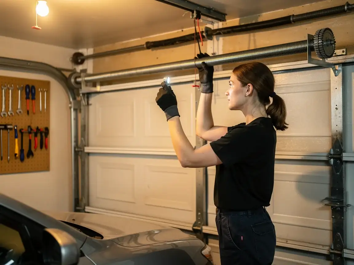 A technician wearing gloves inspects a garage door torsion spring with a flashlight.
