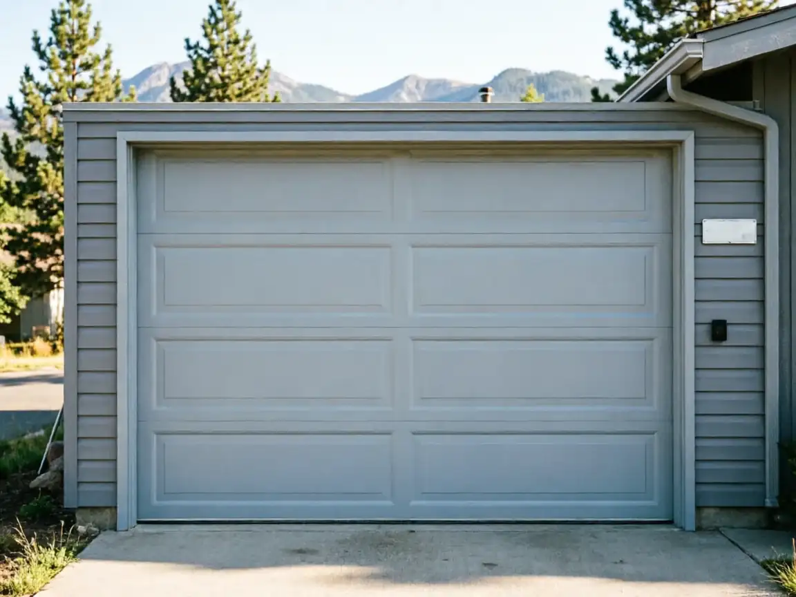 A light gray garage door is on a gray house with mountains in the background.