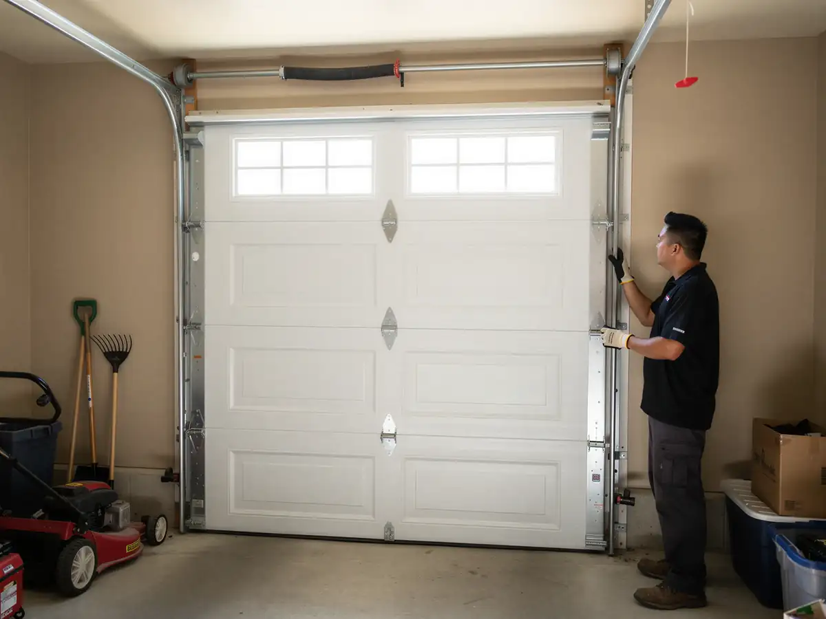 A technician in gloves adjusts a white garage door with windows.